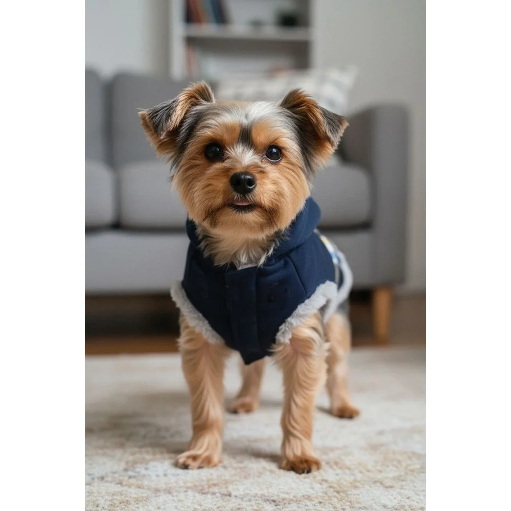 Navy Blue Plaid Dog Hoodie Jacket with Toggle Buttons and Fleece Lining XXS